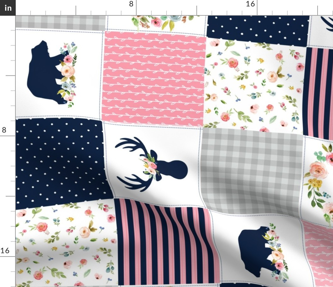 Girls Patchwork Quilt Top ROTATED - Wholecloth Cheater Quilt Bear & Deer, Navy Pink and Grey