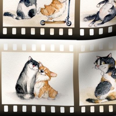 Welsh Corgi and a Cat Having fun making selfie Fabric  Litter Sleeping Inga Izmaylova border