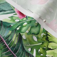 Watercolor tropic jungle seamless summer pattern background with tropical palm monstera leaves and exotic  hibiscus 