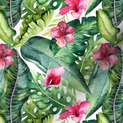 Watercolor tropic jungle seamless summer pattern background with tropical palm monstera leaves and exotic  hibiscus 