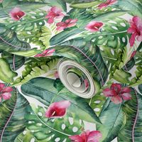 Watercolor tropic jungle seamless summer pattern background with tropical palm monstera leaves, flamingo and exotic  hibiscus 