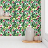 Watercolor tropic jungle seamless summer pattern background with tropical palm monstera leaves, flamingo and exotic  hibiscus 