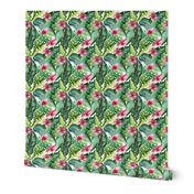 Watercolor tropic jungle seamless summer pattern background with tropical palm monstera leaves, flamingo and exotic  hibiscus 