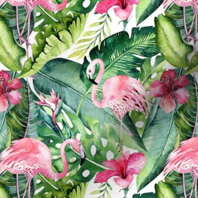 Watercolor tropic jungle seamless summer pattern background with tropical palm monstera leaves, flamingo and exotic  hibiscus 