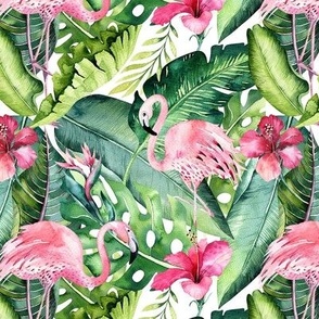 Watercolor tropic jungle seamless summer pattern background with tropical palm monstera leaves, flamingo and exotic  hibiscus 