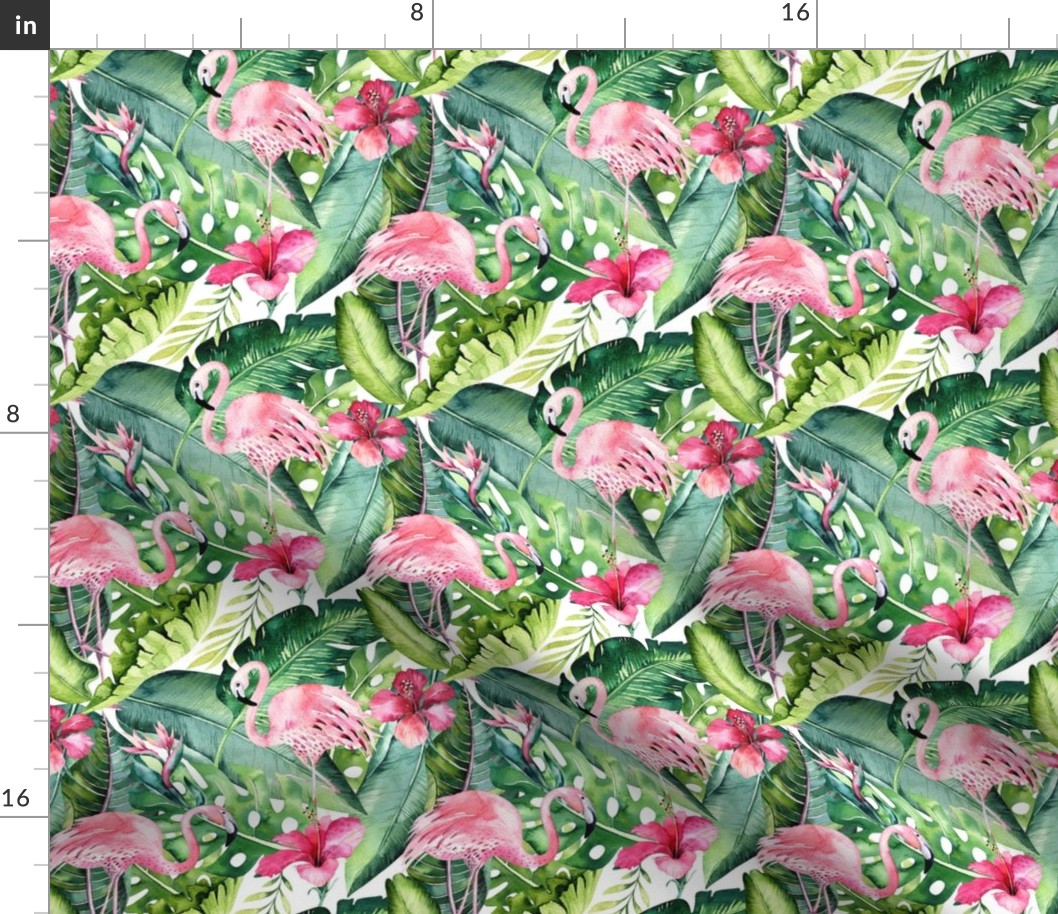 Watercolor tropic jungle seamless summer pattern background with tropical palm monstera leaves, flamingo and exotic  hibiscus 