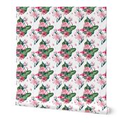 Watercolor tropic jungle seamless summer pattern background with tropical palm monstera leaves, flamingo and exotic  hibiscus 