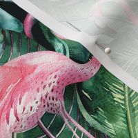 Watercolor tropic jungle seamless summer pattern background with tropical palm monstera leaves, flamingo and exotic  hibiscus 