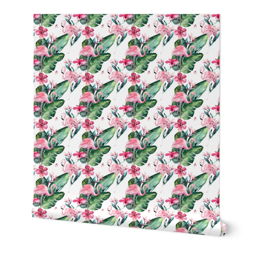 Watercolor tropic jungle seamless summer pattern background with tropical palm monstera leaves, flamingo and exotic  hibiscus 