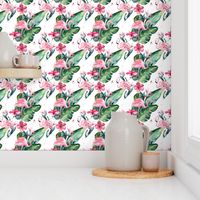 Watercolor tropic jungle seamless summer pattern background with tropical palm monstera leaves, flamingo and exotic  hibiscus 