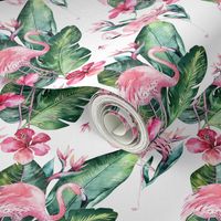 Watercolor tropic jungle seamless summer pattern background with tropical palm monstera leaves, flamingo and exotic  hibiscus 