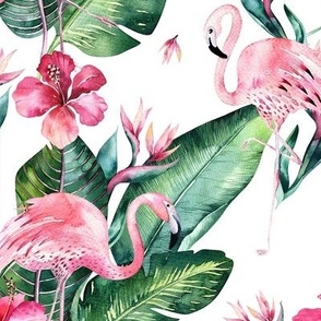 Watercolor tropic jungle seamless summer pattern background with tropical palm monstera leaves, flamingo and exotic  hibiscus 