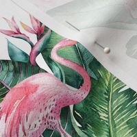 Watercolor tropic jungle seamless summer pattern background with tropical palm monstera leaves, flamingo and exotic  hibiscus 