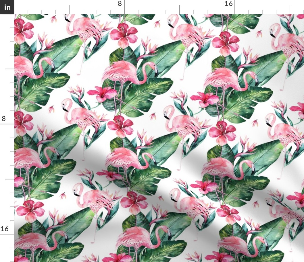 Watercolor tropic jungle seamless summer pattern background with tropical palm monstera leaves, flamingo and exotic  hibiscus 