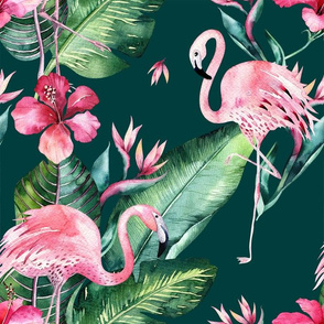 Watercolor tropic jungle seamless summer pattern background with tropical palm monstera leaves, flamingo and exotic  hibiscus 