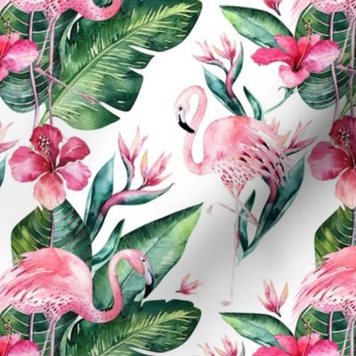 Watercolor tropic jungle seamless summer pattern background with tropical palm monstera leaves, flamingo and exotic  hibiscus 