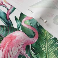 Watercolor tropic jungle seamless summer pattern background with tropical palm monstera leaves, flamingo and exotic  hibiscus 