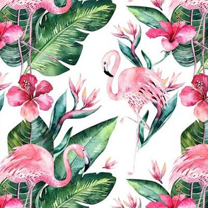 Watercolor tropic jungle seamless summer pattern background with tropical palm monstera leaves, flamingo and exotic  hibiscus 