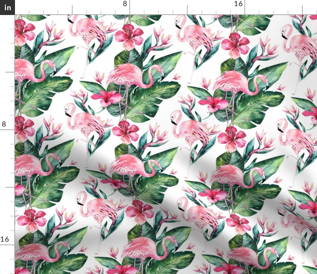 Watercolor tropic jungle seamless summer pattern background with tropical palm monstera leaves, flamingo and exotic  hibiscus 