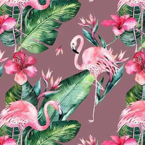 Watercolor tropic jungle seamless summer pattern background with tropical palm monstera leaves, flamingo and exotic  hibiscus 