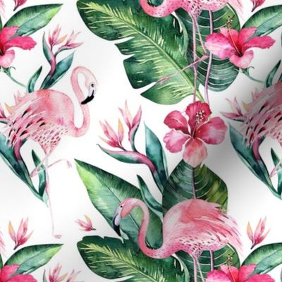 Watercolor tropic jungle seamless summer pattern background with tropical palm monstera leaves, flamingo and exotic  hibiscus 