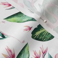 Watercolor tropic jungle seamless summer pattern background with tropical palm monstera leaves, flamingo and exotic  hibiscus 