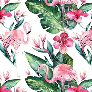 Watercolor tropic jungle seamless summer pattern background with tropical palm monstera leaves, flamingo and exotic  hibiscus 