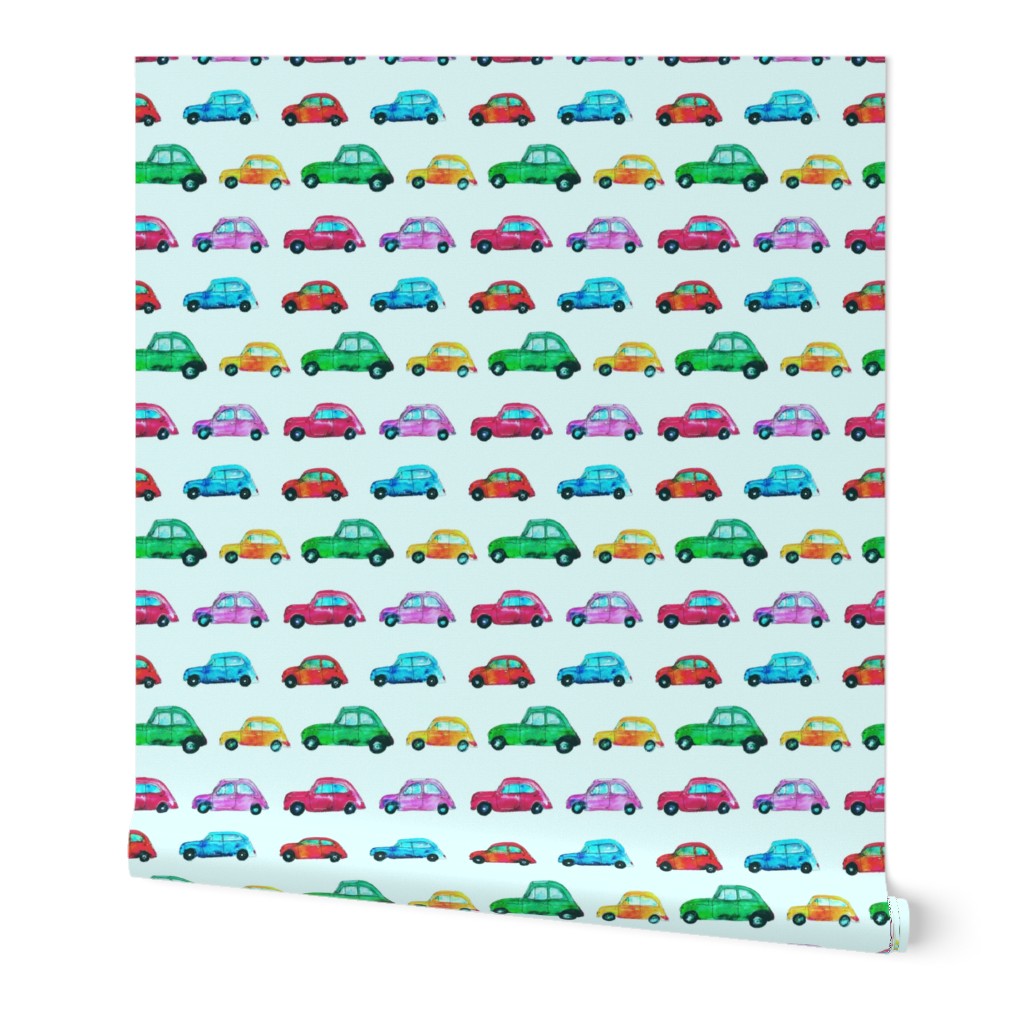 Watercolor cars on mint || pattern for nursery, boys