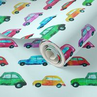 Watercolor cars on mint || pattern for nursery, boys