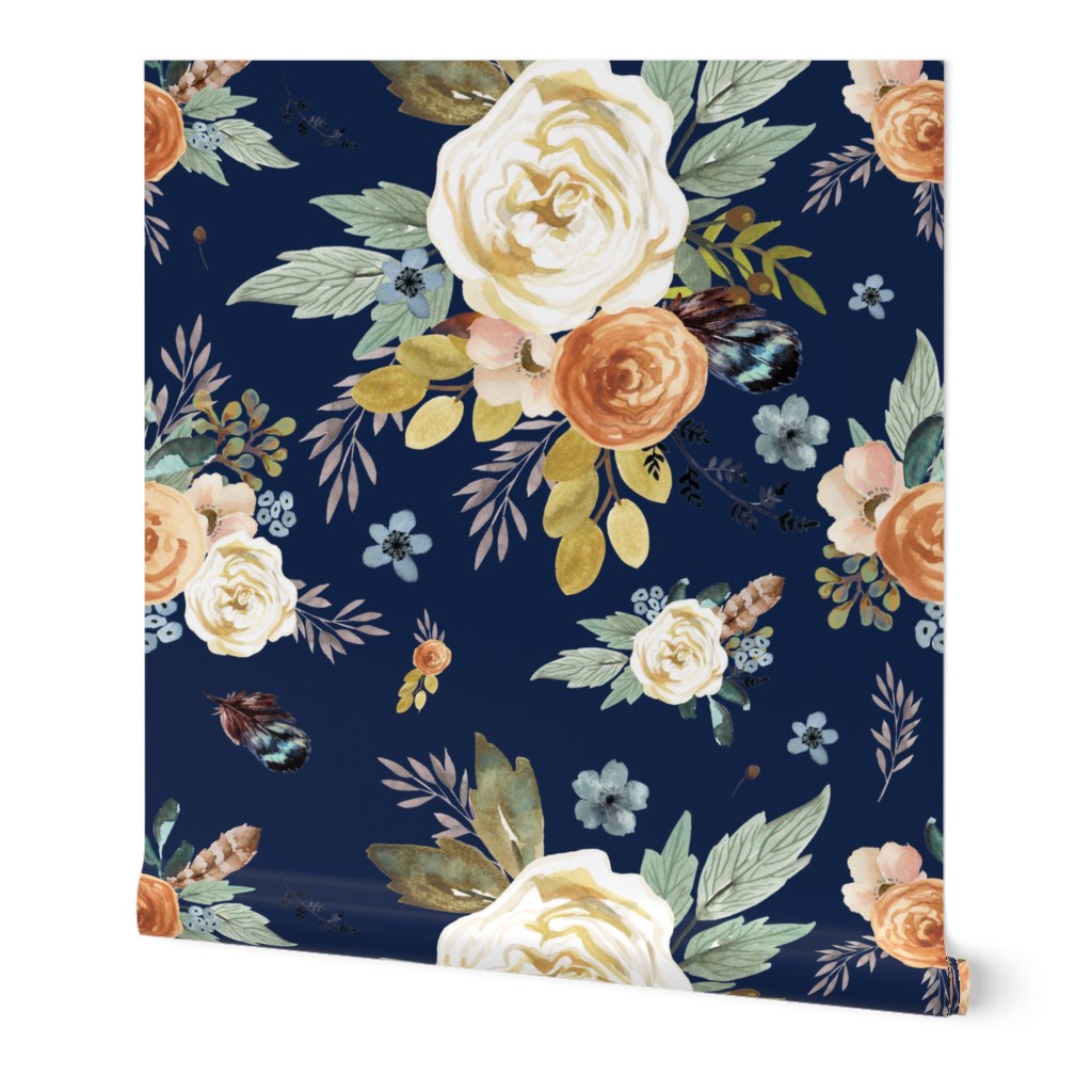 8" Western Autumn More Florals  / New Prints 2017 /  NAVY