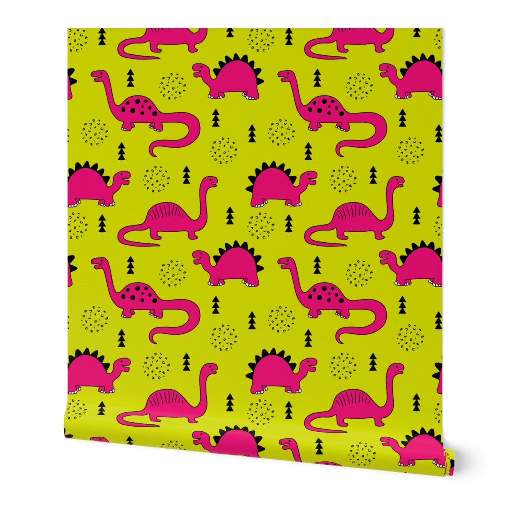 Adorable quirky dino illustration geometric dinosaur animals for kids black and white girls hot pink lime