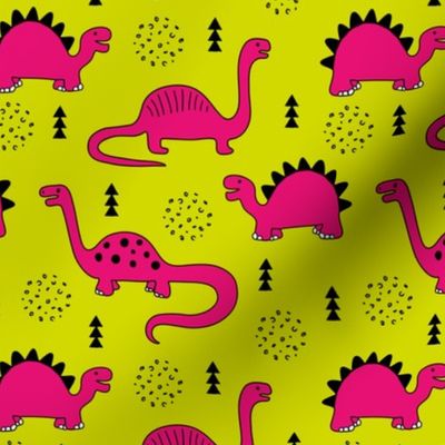 Adorable quirky dino illustration geometric dinosaur animals for kids black and white girls hot pink lime