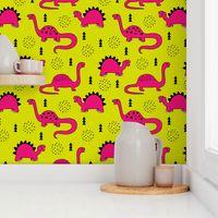 Adorable quirky dino illustration geometric dinosaur animals for kids black and white girls hot pink lime
