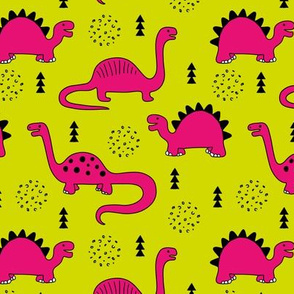 Adorable quirky dino illustration geometric dinosaur animals for kids black and white girls hot pink lime