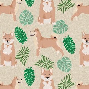 shiba inu monstera palm leaf tropical dog fabric tan