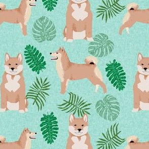 shiba inu monstera palm leaf tropical dog fabric mint