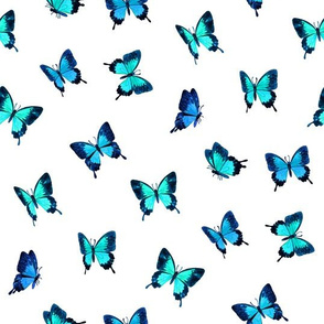 Mountain Blue Butterflies in Watercolor on White - scattered