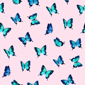 Mountain Blue Butterflies in Watercolor on Pink - scattered