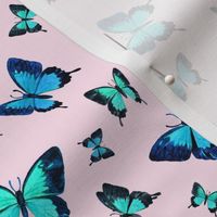 Mountain Blue Butterflies in Watercolor on Pink - full