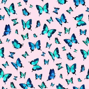 Mountain Blue Butterflies in Watercolor on Pink - full