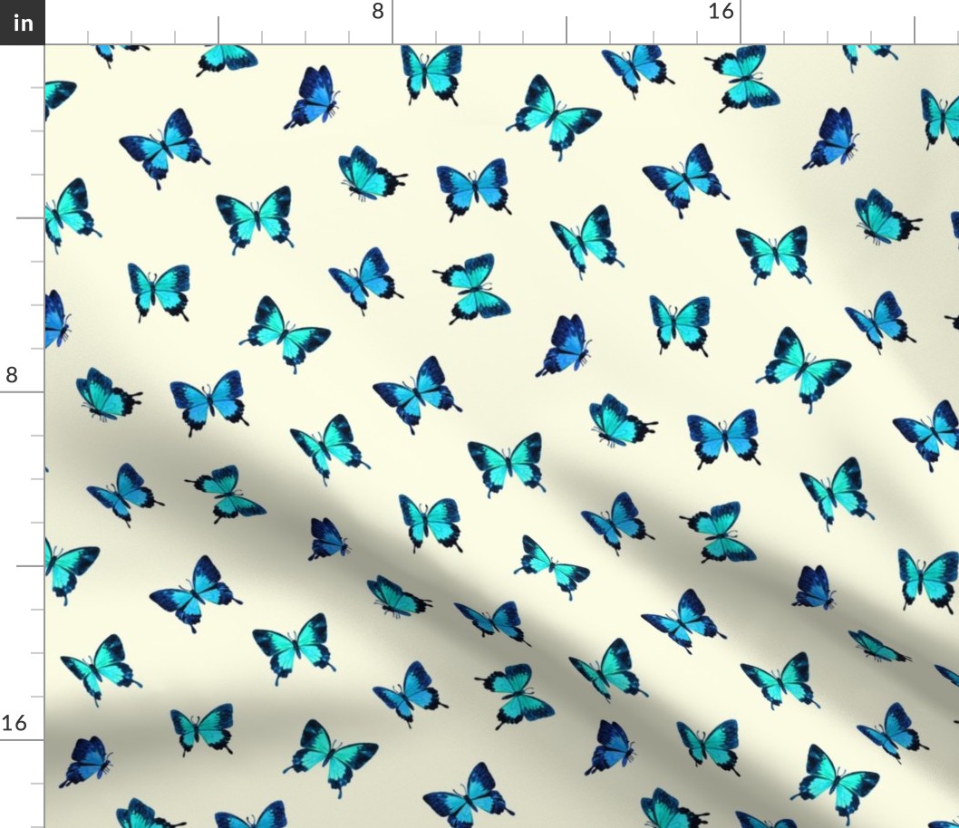 Mountain Blue Butterflies in Watercolor on Cream - scattered