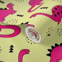 Adorable quirky dino illustration geometric dinosaur animals for kids black and white girls hot pink soft lime