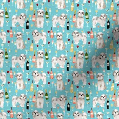 Shih tzu (smaller scale ) dog fabric - wine and dogs design - blue