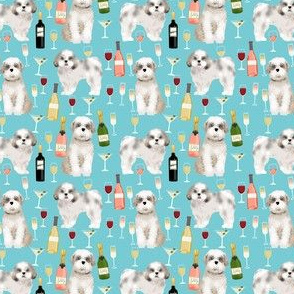 Shih tzu (smaller scale ) dog fabric - wine and dogs design - blue