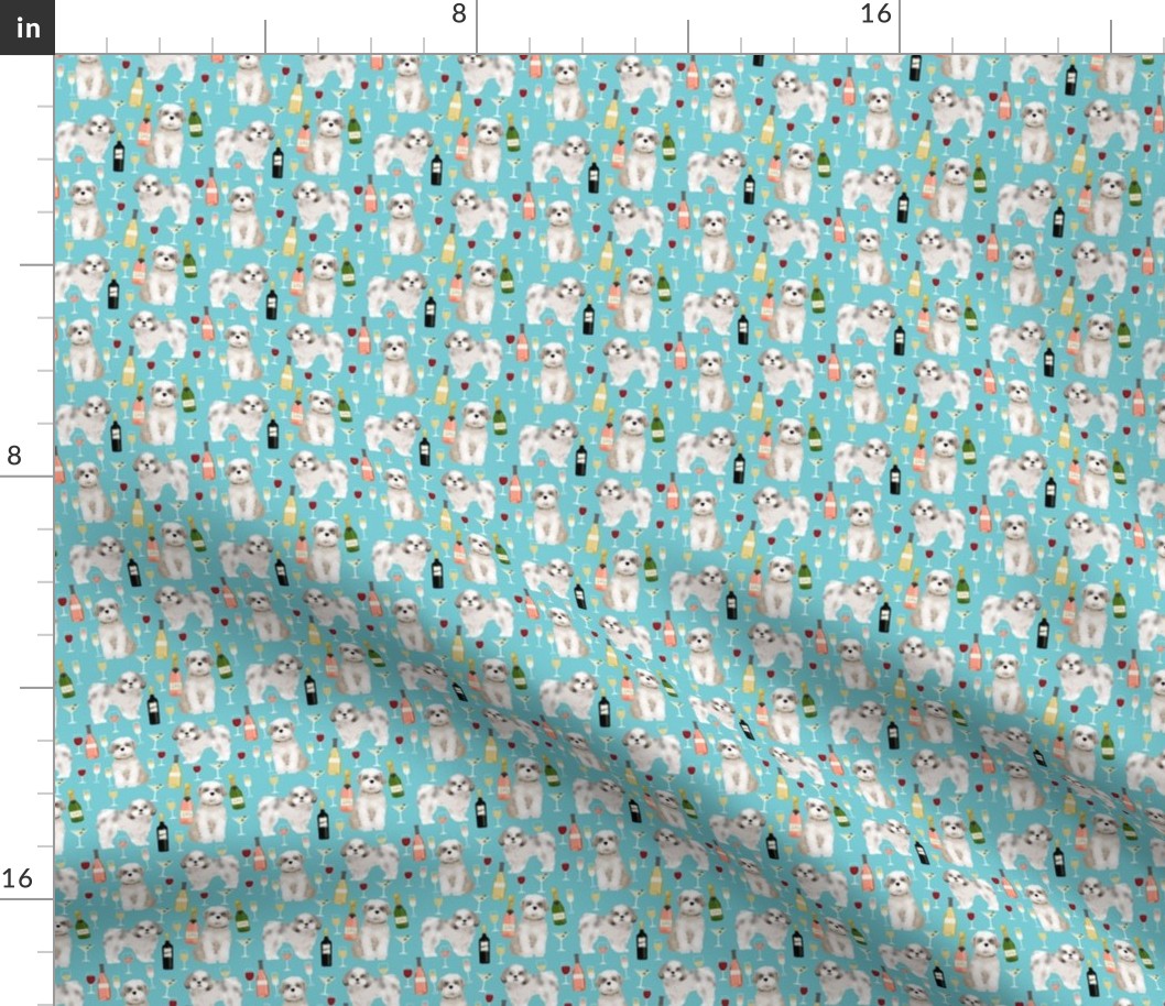 Shih tzu (smaller scale ) dog fabric - wine and dogs design - blue
