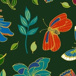 Passion flowers and butterflies - Cloisonne on  forest green - large scale