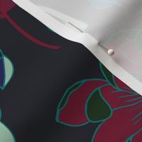 Passion flowers and butterflies - red and teal on black