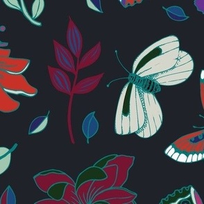 Passion flowers and butterflies - red and teal on black