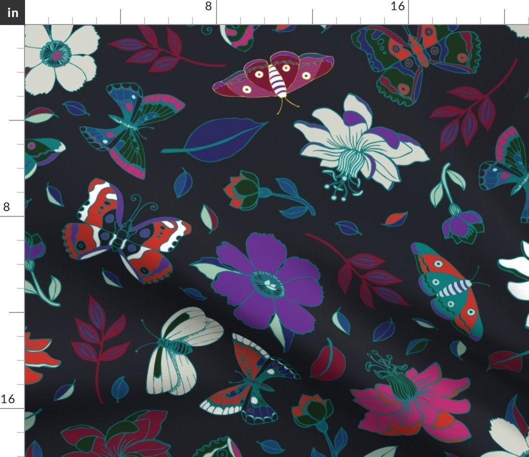 Passion flowers and butterflies - red and teal on black