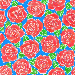 Dense Rose Watercolor Red | Blue Background